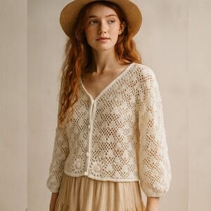 VTG Hunters Run Crochet Flower Cardigan Sweater Cream Size L Cottagecore Peasant